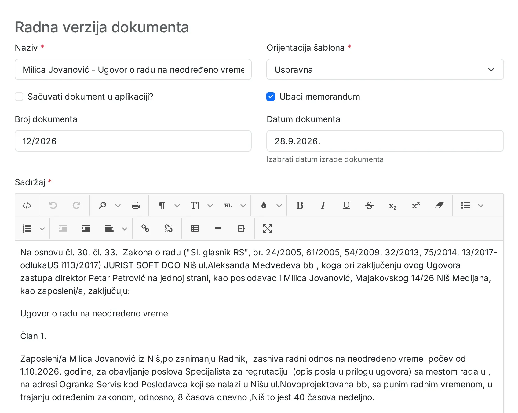 Radna verzija ugovora o radu u Jurist Biru, tek generisana: ime zaposlenog, poslodavac, zastupnik, adresa, datum početka i zarada već su upisani u tekst.